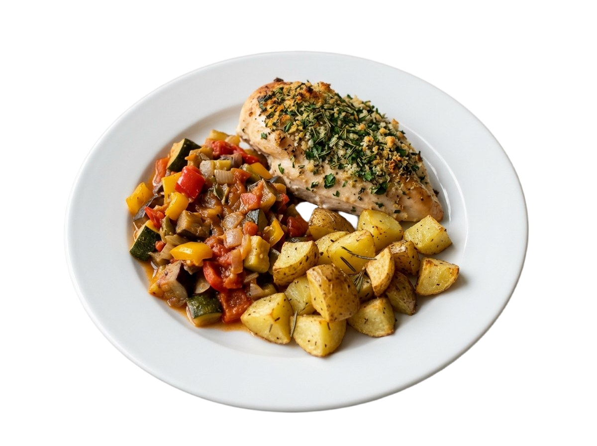 Hähnchenbrust mit Kräuterkruste, Ratatouille und Rosmarinkartoffeln